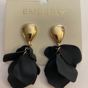 Emberly Black Petal Drop Earrings - Gold Accents